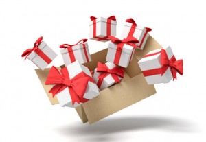 3d rendering of cardboard box flying in air full of gift boxes. Holiday season fuss. Choice of presents. Holiday specials.